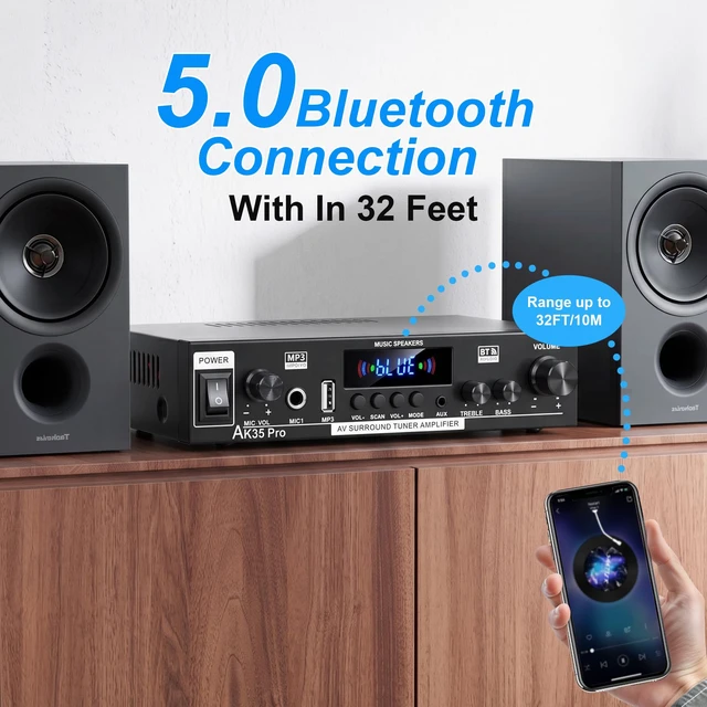 Alt view image 5 of 7 - AK35Pro Bluetooth 5.0 2Channel Stereo Mini Amplifier for Home Speakers FM Radio, USB/SD Card Playback, MIC Input, Remote Control, Suitable for Home Theater Passive Speakers