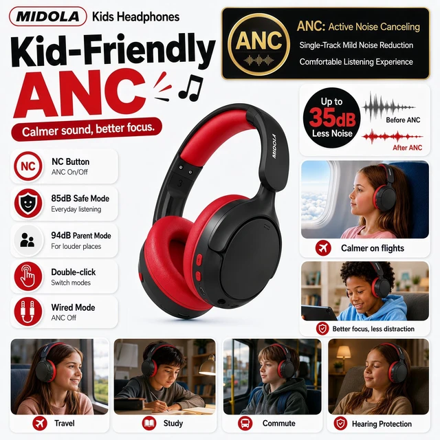 Alt view image 3 of 7 - Kids Bluetooth Headphones Wireless Over-Ear,Active Noise Cancelling,Black 68Hrs,Volume Limit 85/94dB,Built-in Mic,Adjustable Headband Foldable Lightweight for Toddler School Girls Boys,Stereo Sound
