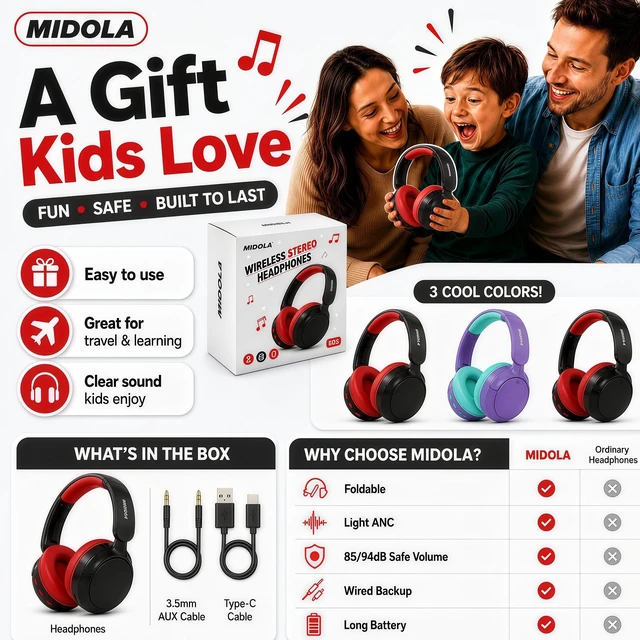 Alt view image 5 of 7 - Kids Bluetooth Headphones Wireless Over-Ear,Active Noise Cancelling,Black 68Hrs,Volume Limit 85/94dB,Built-in Mic,Adjustable Headband Foldable Lightweight for Toddler School Girls Boys,Stereo Sound