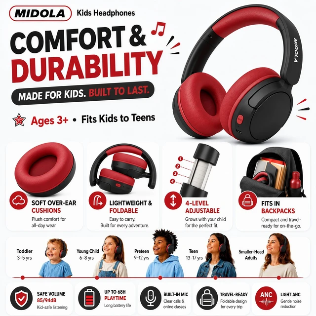 Alt view image 4 of 7 - Kids Bluetooth Headphones Wireless Over-Ear,Active Noise Cancelling,Black 68Hrs,Volume Limit 85/94dB,Built-in Mic,Adjustable Headband Foldable Lightweight for Toddler School Girls Boys,Stereo Sound