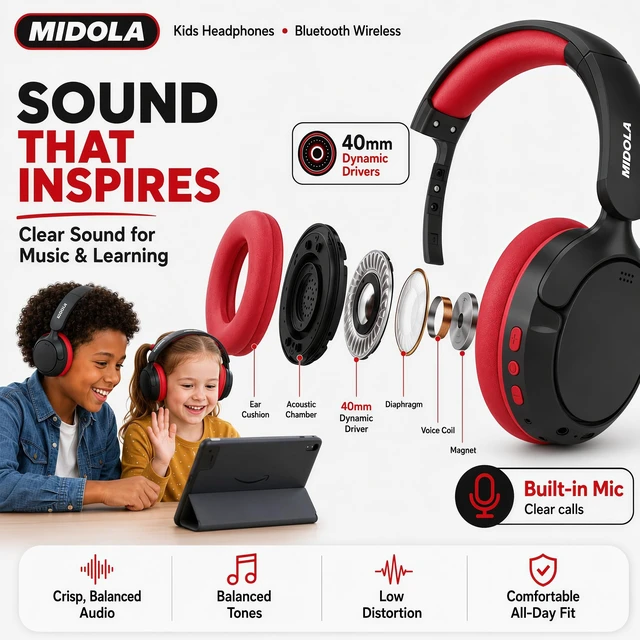 Alt view image 6 of 7 - Kids Bluetooth Headphones Wireless Over-Ear,Active Noise Cancelling,Black 68Hrs,Volume Limit 85/94dB,Built-in Mic,Adjustable Headband Foldable Lightweight for Toddler School Girls Boys,Stereo Sound