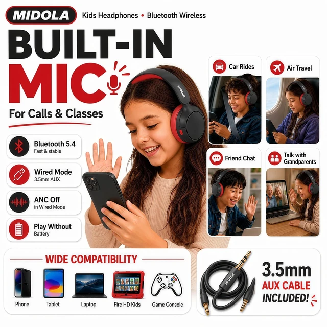 Alt view image 7 of 7 - Kids Bluetooth Headphones Wireless Over-Ear,Active Noise Cancelling,Black 68Hrs,Volume Limit 85/94dB,Built-in Mic,Adjustable Headband Foldable Lightweight for Toddler School Girls Boys,Stereo Sound