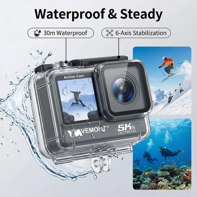 Alt view image 3 of 7 - Ultra HD 5K Action Camera with Dual Touch Screens, 30M Waterproof, Image Stabilization, WiFi, 50MP Photos Ideal for Diving, Cycling, and Vlogging