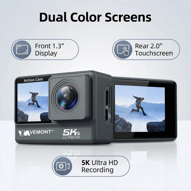 Alt view image 5 of 7 - Ultra HD 5K Action Camera with Dual Touch Screens, 30M Waterproof, Image Stabilization, WiFi, 50MP Photos Ideal for Diving, Cycling, and Vlogging