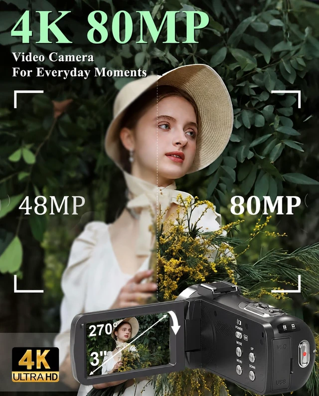Alt view image 2 of 7 - 4K UHD 80MP Camcorder Video Camera YouTube Vlogging Camera Webcam Autofocus 18X Digital Zoom, 3.0" 270° Rotatable IPS Screen, IR Night Vision Video Recorder with 32GB SD Card, Lens Cap & 2 Batteries
