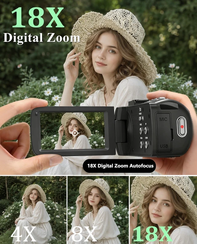 Alt view image 3 of 7 - 4K UHD 80MP Camcorder Video Camera YouTube Vlogging Camera Webcam Autofocus 18X Digital Zoom, 3.0" 270° Rotatable IPS Screen, IR Night Vision Video Recorder with 32GB SD Card, Lens Cap & 2 Batteries