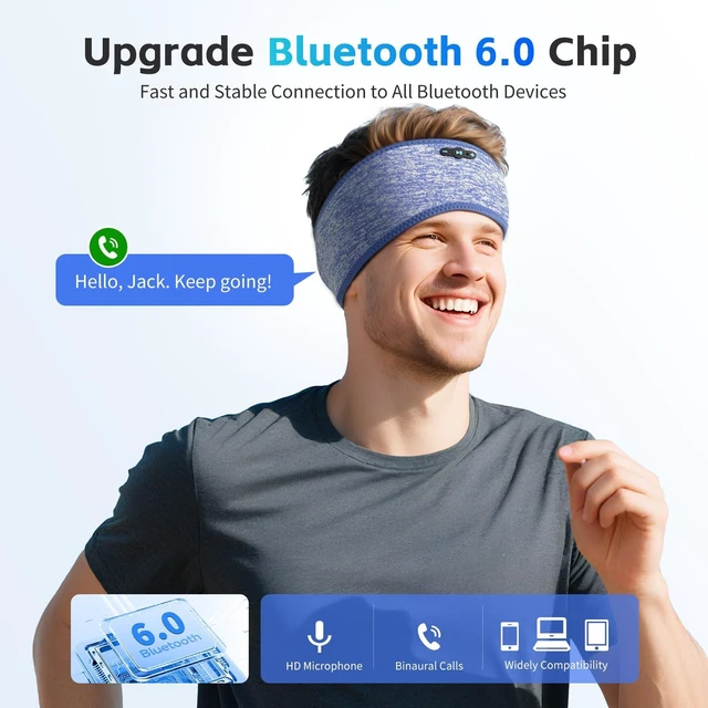 Alt view image 3 of 7 - Sleep Headphones Bluetooth 6.0 Sport Headband for Side Sleepers (Sky Blue) 200mah cell for 20hr playback, 3mm ultra-thin speaker & mic, HD stereo, removable and washable, 2-in-1 sport & sleep headband