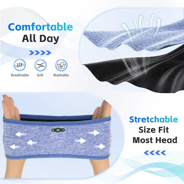 Alt view image 5 of 7 - Sleep Headphones Bluetooth 6.0 Sport Headband for Side Sleepers (Sky Blue) 200mah cell for 20hr playback, 3mm ultra-thin speaker & mic, HD stereo, removable and washable, 2-in-1 sport & sleep headband