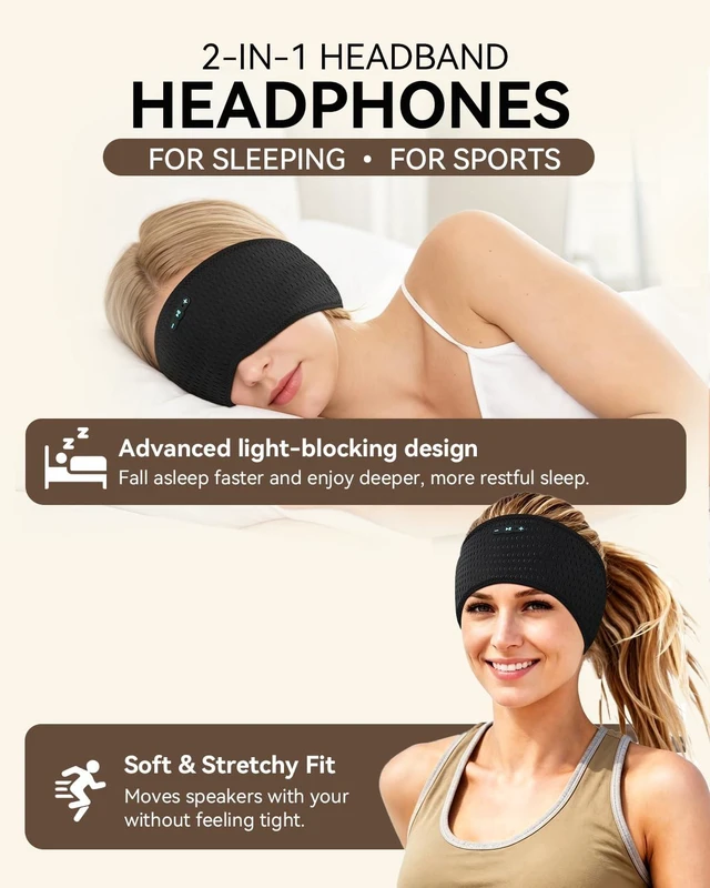 Alt view image 2 of 7 - Sleep Headphones Bluetooth 6.0 Headband for Side Sleepers (Black Mesh) 200mah cell for 20hr playback, 3mm ultra-thin speaker & mic, HD stereo, removable and washable, 2-in-1 sport & sleep headband
