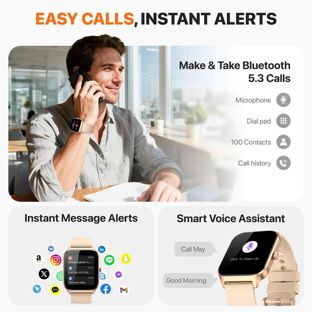 Alt view image 2 of 7 - Smart Watch for Women Men,(Answer/Make Call) 1.83'' HD Fitness Activity Tracker Smartwatch for Android iPhone iOS Compatible,IP68 Waterproof Step Counter with Sleep Monitor (Modern, Gold, 1.83)