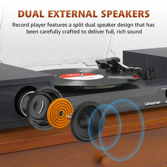 Alt view image 3 of 7 - Vinyl Record Player with External Speakers, Bluetooth Turntable, Black Vintage Phonograph with USB input 3 Speed Portable LP Player, Belt-Drive, Auto Stop
