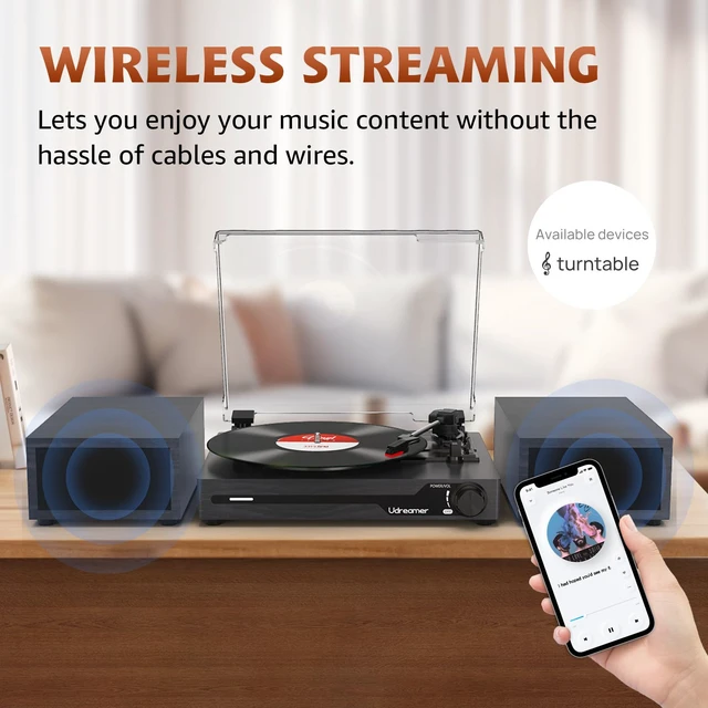 Alt view image 2 of 7 - Vinyl Record Player with External Speakers, Bluetooth Turntable, Black Vintage Phonograph with USB input 3 Speed Portable LP Player, Belt-Drive, Auto Stop