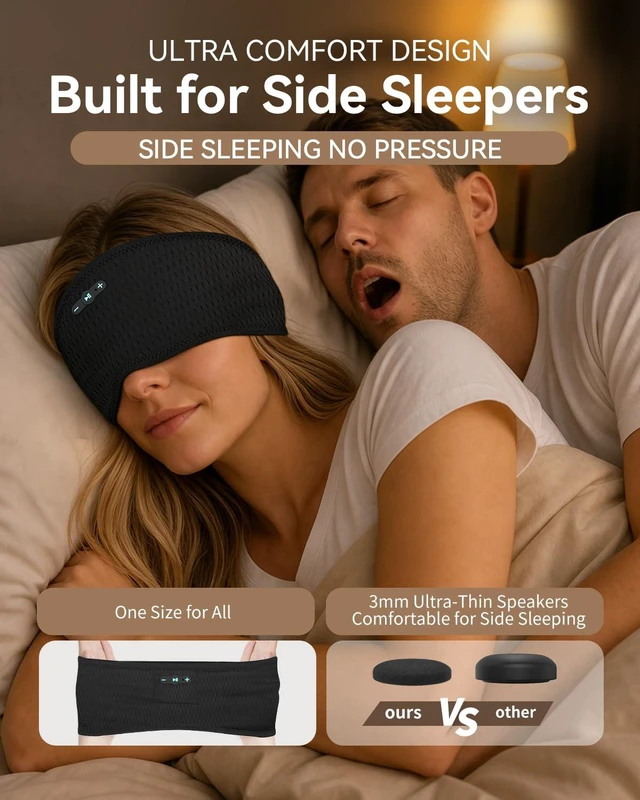 Alt view image 4 of 7 - Sleep Headphones Bluetooth 6.0 Headband for Side Sleepers (Black Mesh) 200mah cell for 20hr playback, 3mm ultra-thin speaker & mic, HD stereo, removable and washable, 2-in-1 sport & sleep headband