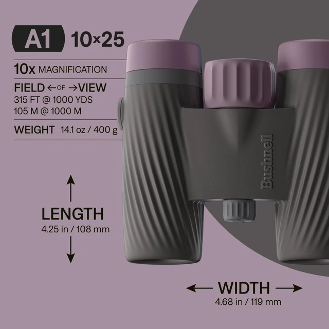 Alt view image 2 of 7 - A1 10x25 Binoculars Plum Purple Waterproof, Fogproof, 10X Magnification, Fully Multi-Coated Lenses & Rubber Armor