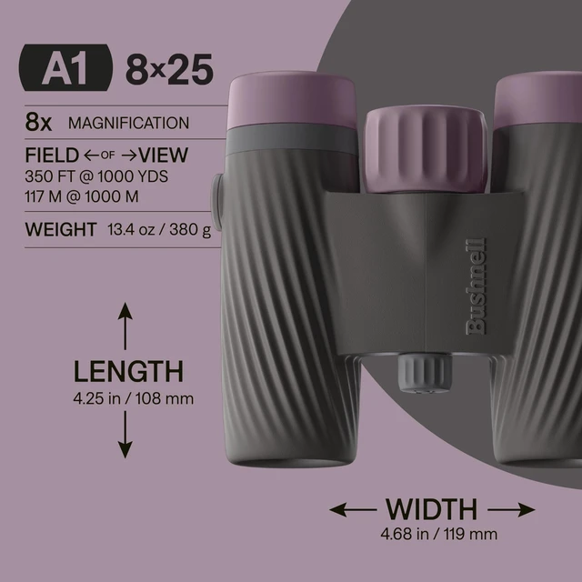 Alt view image 2 of 7 - A1 8x25 Binoculars Plum Purple Waterproof, Fogproof, 8X Magnification, Fully Multi-Coated Lenses & Rubber Armor