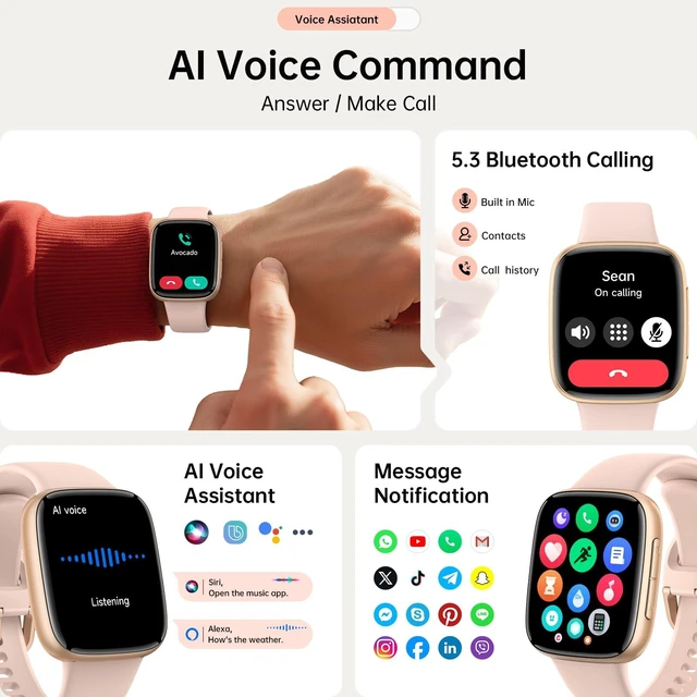 Alt view image 3 of 7 - Smart Watch for Women Men (2 Bands), 1.85" AMOLED Smartwatch for iPhone & Android, Heart Rate/ SpO2/ Sleep Monitor, 3ATM Waterproof, Calls & Messages, 120+ Sports Modes Fitness Tracker (Pink)