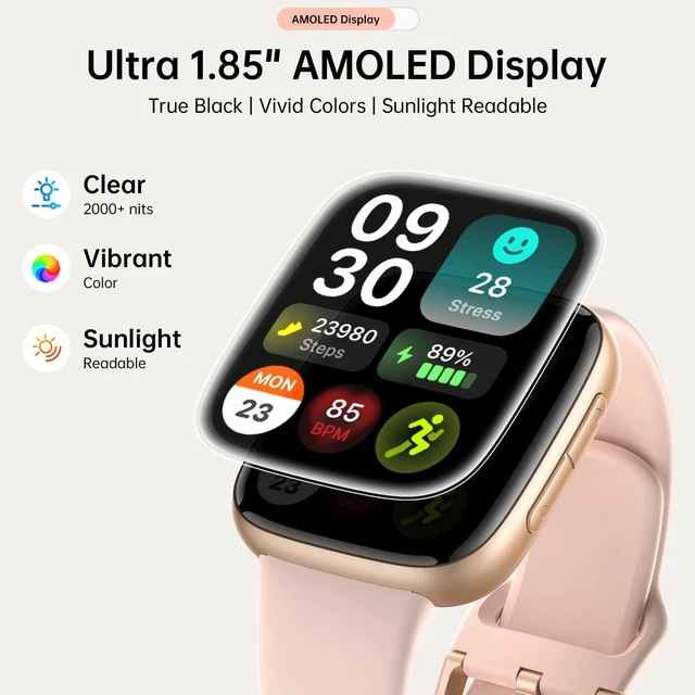 Alt view image 2 of 7 - Smart Watch for Women Men (2 Bands), 1.85" AMOLED Smartwatch for iPhone & Android, Heart Rate/ SpO2/ Sleep Monitor, 3ATM Waterproof, Calls & Messages, 120+ Sports Modes Fitness Tracker (Pink)
