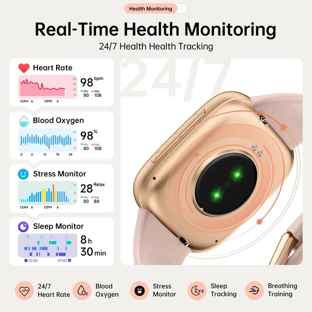 Alt view image 4 of 7 - Smart Watch for Women Men (2 Bands), 1.85" AMOLED Smartwatch for iPhone & Android, Heart Rate/ SpO2/ Sleep Monitor, 3ATM Waterproof, Calls & Messages, 120+ Sports Modes Fitness Tracker (Pink)