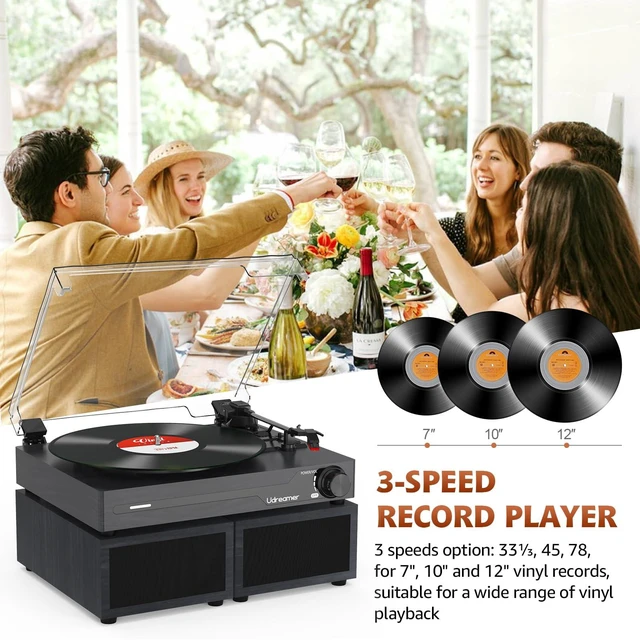 Alt view image 4 of 7 - Vinyl Record Player with External Speakers, Bluetooth Turntable, Black Vintage Phonograph with USB input 3 Speed Portable LP Player, Belt-Drive, Auto Stop
