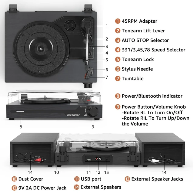Alt view image 6 of 7 - Vinyl Record Player with External Speakers, Bluetooth Turntable, Black Vintage Phonograph with USB input 3 Speed Portable LP Player, Belt-Drive, Auto Stop