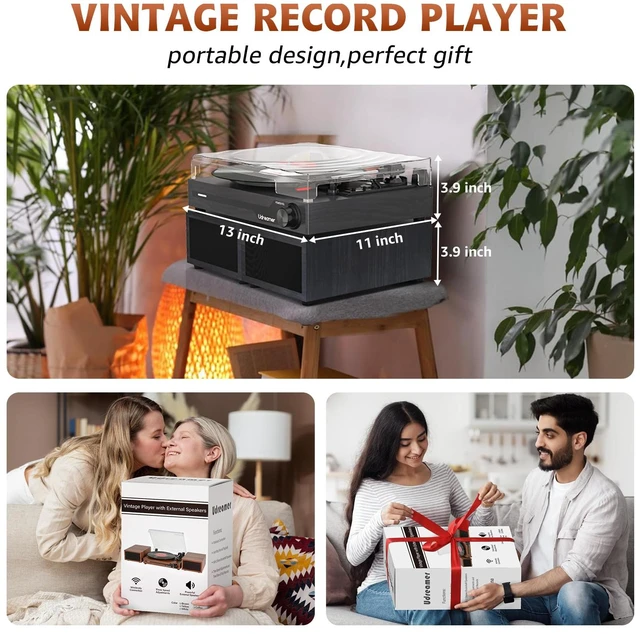 Alt view image 5 of 7 - Vinyl Record Player with External Speakers, Bluetooth Turntable, Black Vintage Phonograph with USB input 3 Speed Portable LP Player, Belt-Drive, Auto Stop