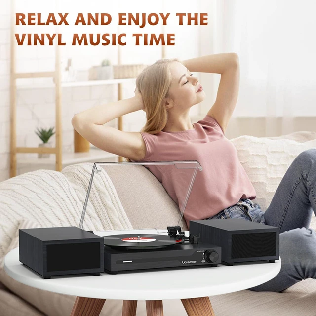 Alt view image 7 of 7 - Vinyl Record Player with External Speakers, Bluetooth Turntable, Black Vintage Phonograph with USB input 3 Speed Portable LP Player, Belt-Drive, Auto Stop