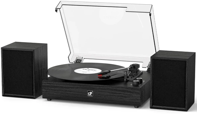 Main image of Bluetooth Record Player with External Speakers Belt Drive Turntable, Black Belt-Drive Turntable for Vinyl Records, Dual Stereo Speakers, LP Players 3 Speed 3 Size Records, AUX RCA Output, Auto Stop