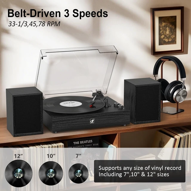 Alt view image 2 of 7 - Bluetooth Record Player with External Speakers Belt Drive Turntable, Black Belt-Drive Turntable for Vinyl Records, Dual Stereo Speakers, LP Players 3 Speed 3 Size Records, AUX RCA Output, Auto Stop