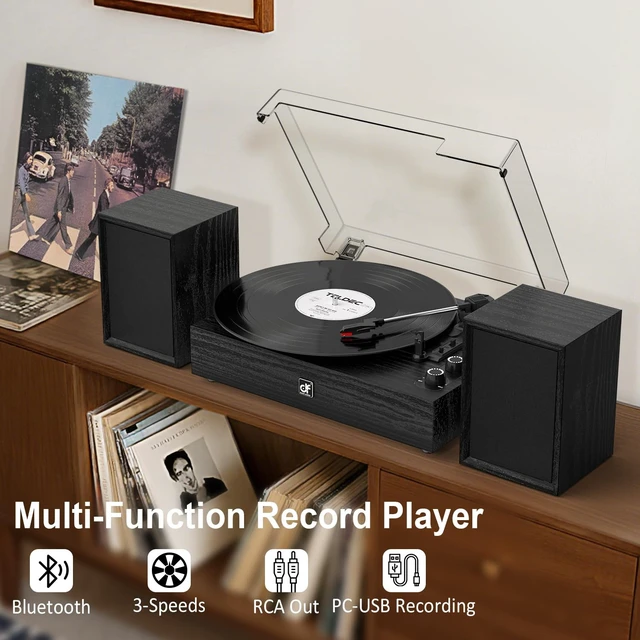 Alt view image 3 of 7 - Bluetooth Record Player with External Speakers Belt Drive Turntable, Black Belt-Drive Turntable for Vinyl Records, Dual Stereo Speakers, LP Players 3 Speed 3 Size Records, AUX RCA Output, Auto Stop