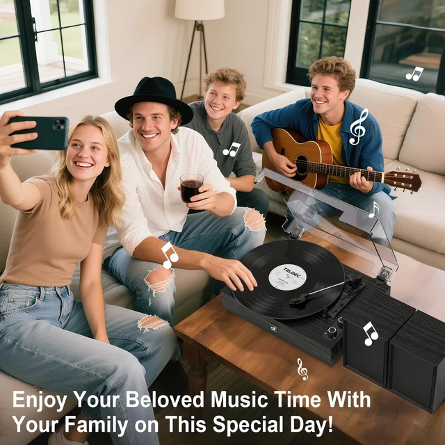 Alt view image 6 of 7 - Bluetooth Record Player with External Speakers Belt Drive Turntable, Black Belt-Drive Turntable for Vinyl Records, Dual Stereo Speakers, LP Players 3 Speed 3 Size Records, AUX RCA Output, Auto Stop