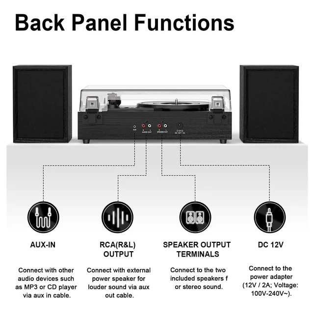 Alt view image 5 of 7 - Bluetooth Record Player with External Speakers Belt Drive Turntable, Black Belt-Drive Turntable for Vinyl Records, Dual Stereo Speakers, LP Players 3 Speed 3 Size Records, AUX RCA Output, Auto Stop