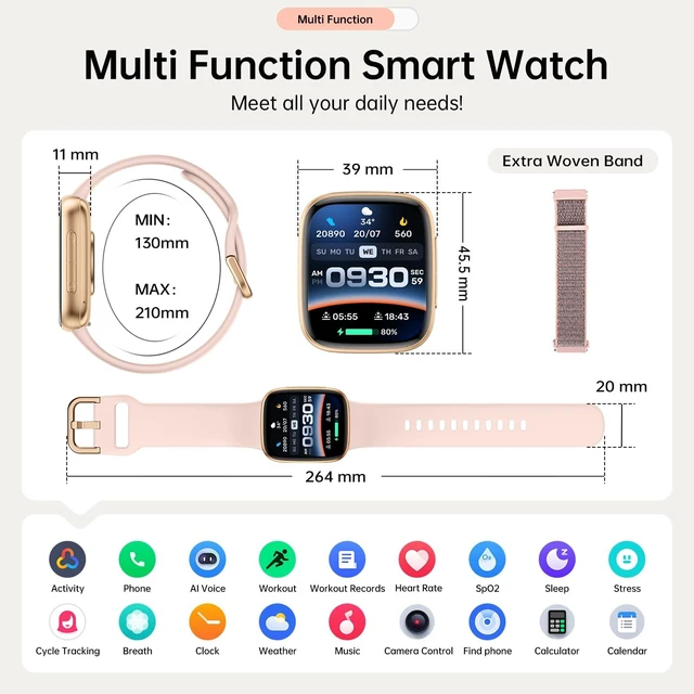Alt view image 7 of 7 - Smart Watch for Women Men (2 Bands), 1.85" AMOLED Smartwatch for iPhone & Android, Heart Rate/ SpO2/ Sleep Monitor, 3ATM Waterproof, Calls & Messages, 120+ Sports Modes Fitness Tracker (Pink)