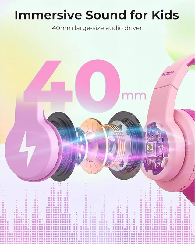 Alt view image 6 of 7 - JCH-01 Kids Bluetooth Headphones, 85/94dB, 3 Light Modes,Pink 75H playtime, soft padded fit, mic & AUX cord, stickers & doodle fun kids love; Wireess Headphones for school, travel, iPad