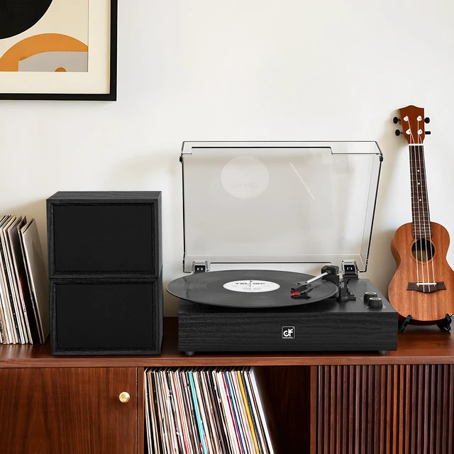Alt view image 7 of 7 - Bluetooth Record Player with External Speakers Belt Drive Turntable, Black Belt-Drive Turntable for Vinyl Records, Dual Stereo Speakers, LP Players 3 Speed 3 Size Records, AUX RCA Output, Auto Stop