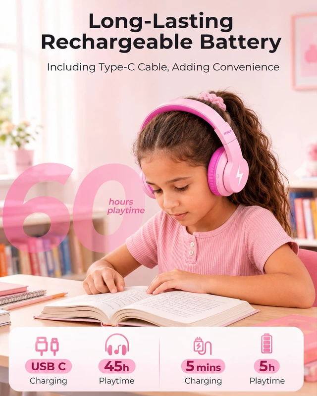 Alt view image 7 of 7 - JCH-01 Kids Bluetooth Headphones, 85/94dB, 3 Light Modes,Pink 75H playtime, soft padded fit, mic & AUX cord, stickers & doodle fun kids love; Wireess Headphones for school, travel, iPad