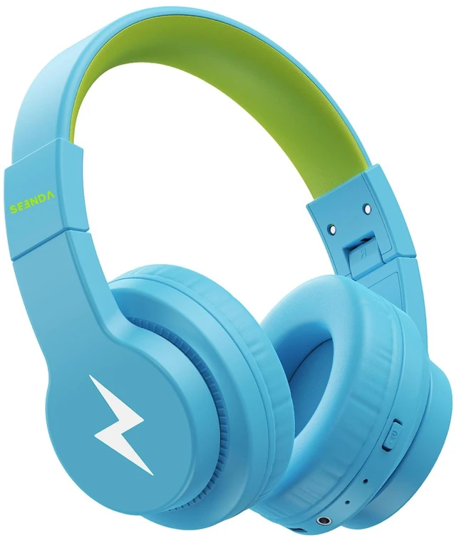 Main image of JCH-01 Kids Bluetooth Headphones, 85/94dB, 3 Light Modes,Blue&Yellow 75H playtime, soft padded fit, mic & AUX cord, stickers & doodle fun kids love; Wireess Headphones for school, travel, iPad