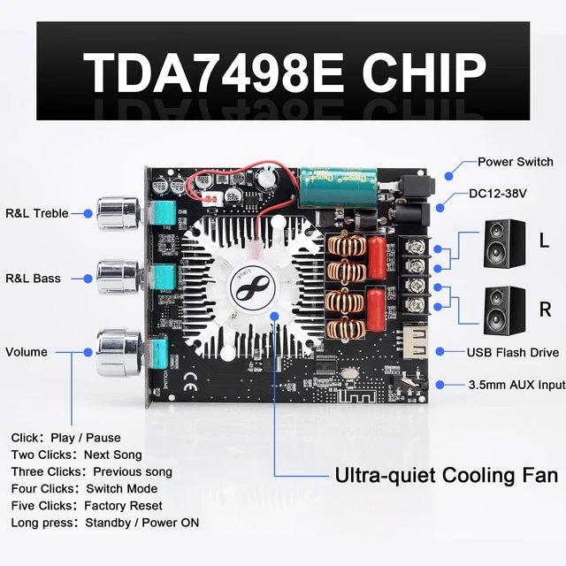 Alt view image 2 of 6 - 160W+160W Amplifier Board with Treble and Bass Control, DC 12-36V, BT and AUX Inputs, 2.0 Channel Stereo AMP Board for DIY Wireless Speakers(T160HS (Back)