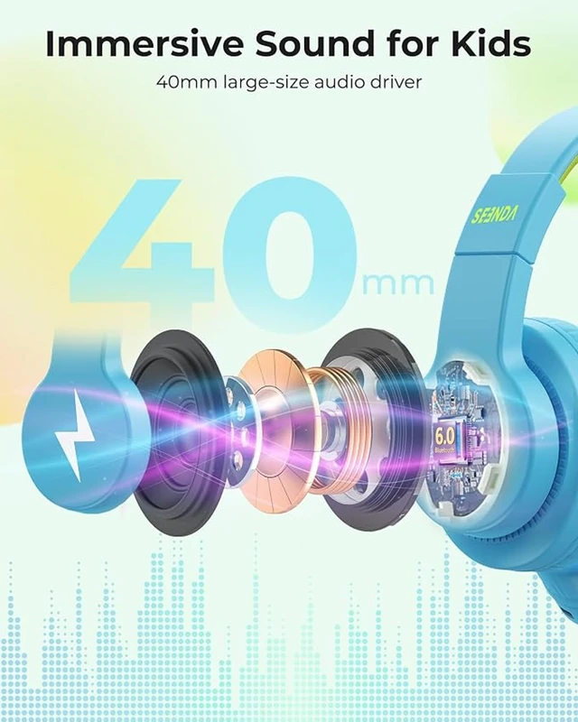 Alt view image 6 of 7 - JCH-01 Kids Bluetooth Headphones, 85/94dB, 3 Light Modes,Blue&Yellow 75H playtime, soft padded fit, mic & AUX cord, stickers & doodle fun kids love; Wireess Headphones for school, travel, iPad