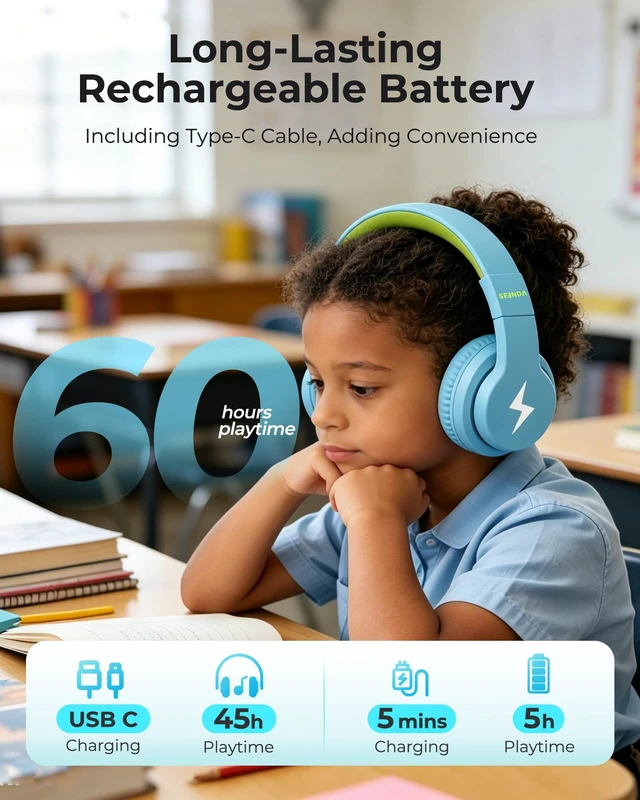 Alt view image 7 of 7 - JCH-01 Kids Bluetooth Headphones, 85/94dB, 3 Light Modes,Blue&Yellow 75H playtime, soft padded fit, mic & AUX cord, stickers & doodle fun kids love; Wireess Headphones for school, travel, iPad