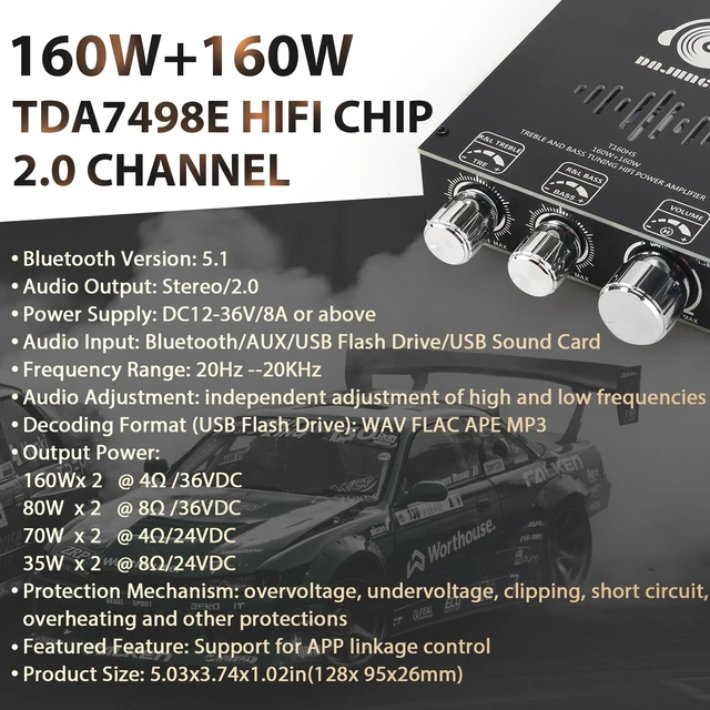 Alt view image 3 of 6 - 160W+160W Amplifier Board with Treble and Bass Control, DC 12-36V, BT and AUX Inputs, 2.0 Channel Stereo AMP Board for DIY Wireless Speakers(T160HS (Back)