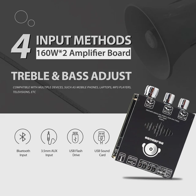 Alt view image 5 of 6 - 160W+160W Amplifier Board with Treble and Bass Control, DC 12-36V, BT and AUX Inputs, 2.0 Channel Stereo AMP Board for DIY Wireless Speakers(T160HS (Back)
