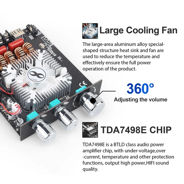 Alt view image 6 of 6 - 160W+160W Amplifier Board with Treble and Bass Control, DC 12-36V, BT and AUX Inputs, 2.0 Channel Stereo AMP Board for DIY Wireless Speakers(T160HS (Back)