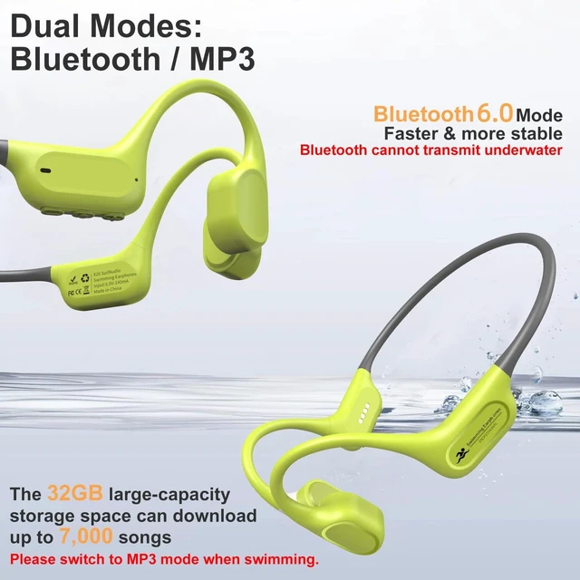 Alt view image 4 of 7 - IP68 Waterproof Swimming Headphones, Bone Conduction Bluetooth 6.0 Headphones, Builtin 32GB MP3 Player, Soft Lightweight OpenEar Design for Swimming Marathons Showers Cycling(Lime