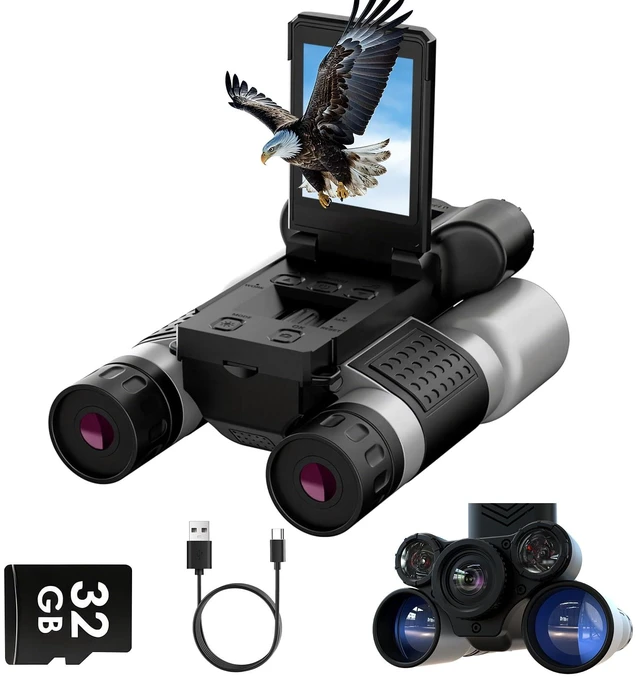 Main image of Night Vision Binoculars with Camera, 12x32, 1080P, 7 IR Modes 12x BAK4 32mm lens, 7-level 5W 850nm IR, 200-300m in darkness, 2.4" IPS, 1080P video, Type-C, 32GB included