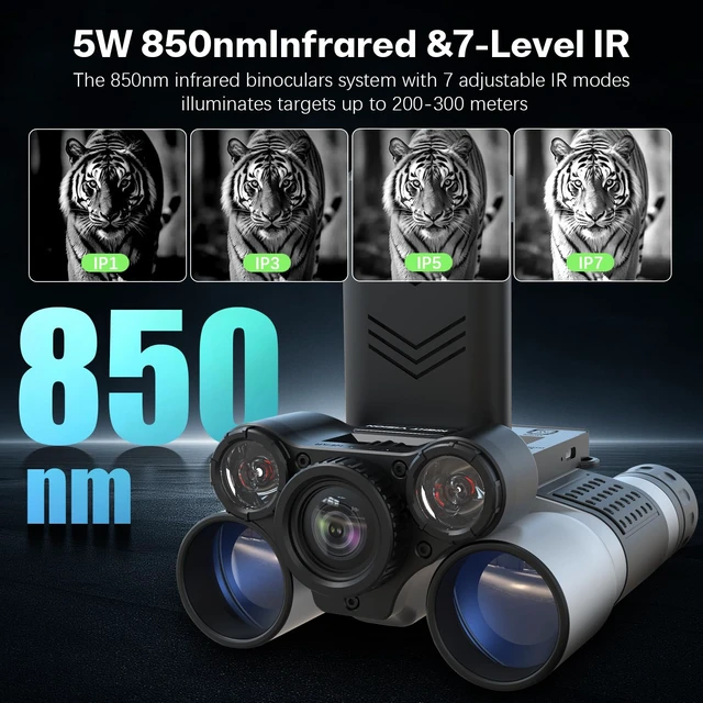 Alt view image 2 of 7 - Night Vision Binoculars with Camera, 12x32, 1080P, 7 IR Modes 12x BAK4 32mm lens, 7-level 5W 850nm IR, 200-300m in darkness, 2.4" IPS, 1080P video, Type-C, 32GB included