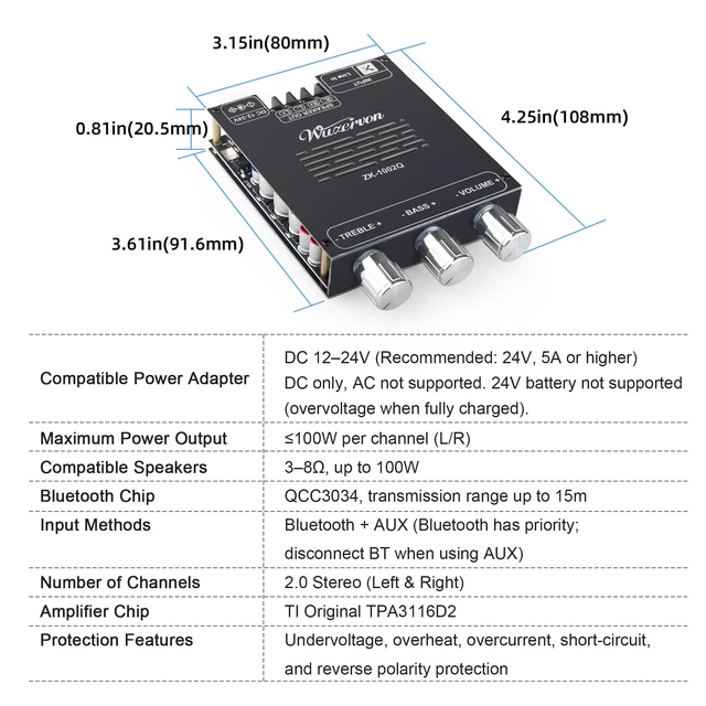 Alt view image 4 of 6 - ZK-1002Q 200W 2.0 Channel Bluetooth Amplifier Board,Qualcomm APTX-HD,TPA3116D2 Chip,Supports AUX/Bluetooth,Wide Voltage Input 12-24V,Mini Amp for DIY Speakers
