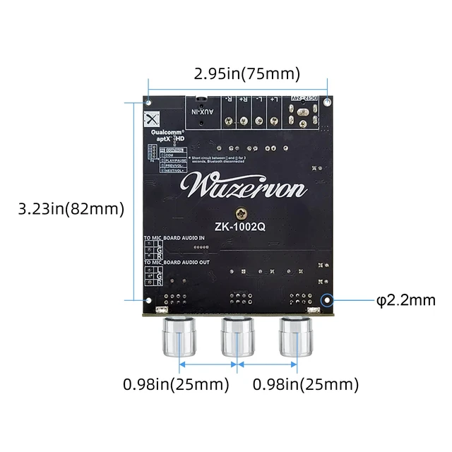 Alt view image 6 of 6 - ZK-1002Q 200W 2.0 Channel Bluetooth Amplifier Board,Qualcomm APTX-HD,TPA3116D2 Chip,Supports AUX/Bluetooth,Wide Voltage Input 12-24V,Mini Amp for DIY Speakers