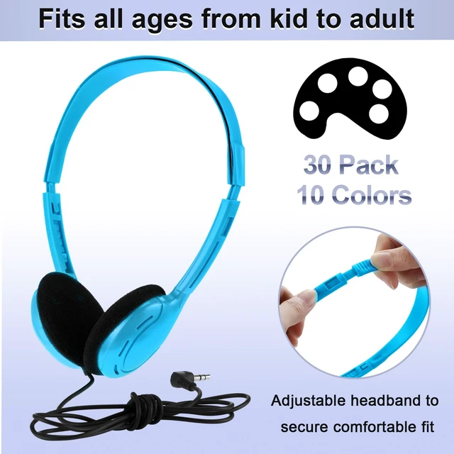 Alt view image 2 of 7 - 30 Pack Over Ear Headphones Corded Bulk Set 3.5mm,Vivid Color On Ear Headsets Adjustable Earphones with Cord for Library Computer Lab Online Lesson Group Testing