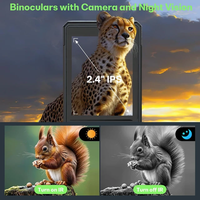 Alt view image 4 of 7 - Night Vision Binoculars with Camera, 12x32, 1080P, 7 IR Modes 12x BAK4 32mm lens, 7-level 5W 850nm IR, 200-300m in darkness, 2.4" IPS, 1080P video, Type-C, 32GB included