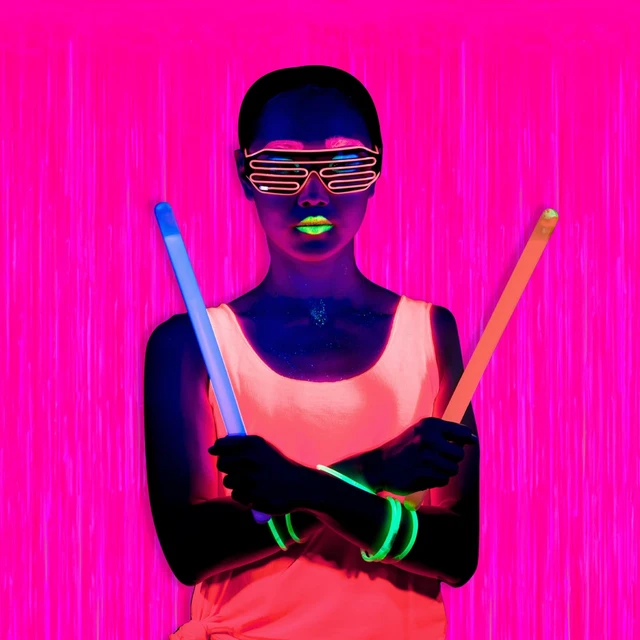 Alt view image 3 of 7 - Mega-L Glow in The Dark Party Supplies, Neon Photo Backdrop, 6 Pack 6.6x6.6 ft Fluorescent Fuchsia Foil Fringe Curtains, Glow Photo Backdrop for Birthday, Pool Party, Music Festival, Nightclub